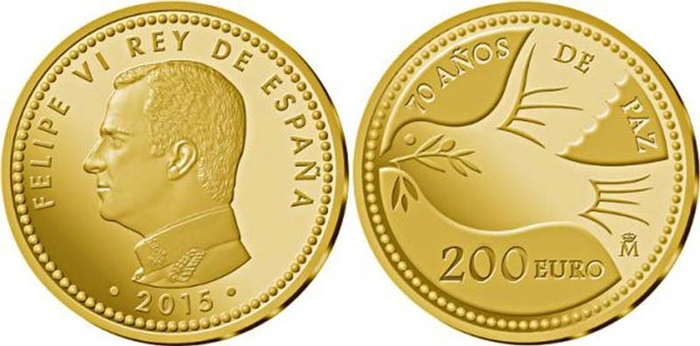 Mottot p&aring; 200-eurosmyntet &auml;r "70 &aring;r av fred", vilket omfattar Francoregimen.