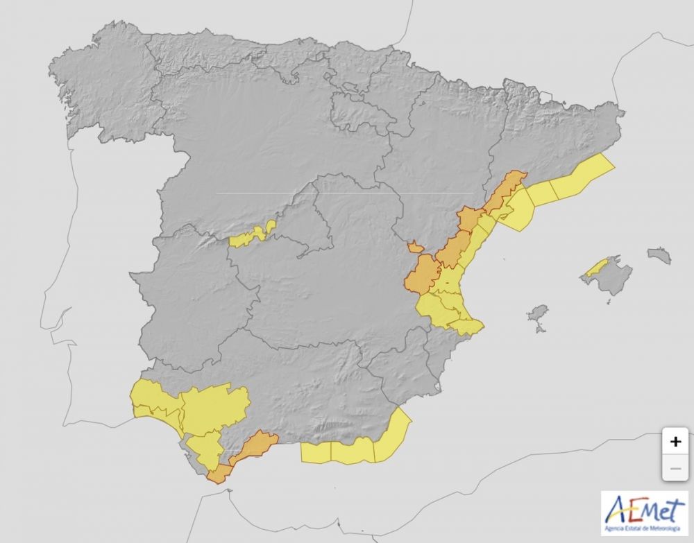 Varslet f&ouml;r h&aring;rd storm g&auml;ller speciellt vid Medelhavskusten och i v&auml;stra Andalusien. Karta: Aemet
