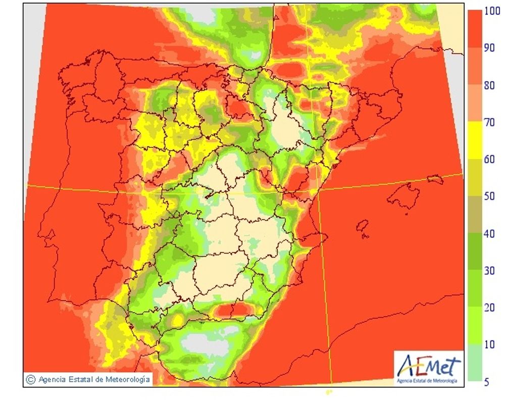 V&auml;derlekstj&auml;nsten befarar att det kan vara den h&aring;rdaste stormen som drabbat Spanien p&aring; tio &aring;r. Karta: Aemet