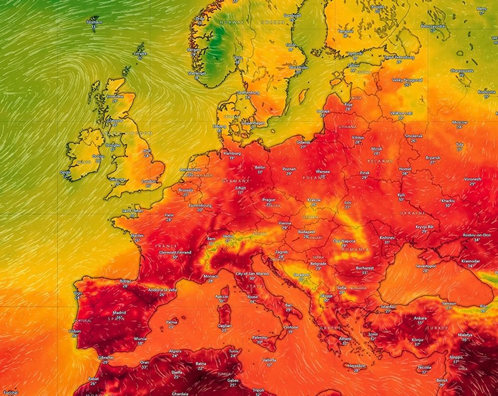 En satellitkarta fr&aring;n 17 augusti visar hur stora delar av Europa och s&auml;rskilt Spanien registrerade h&ouml;ga temperaturer.