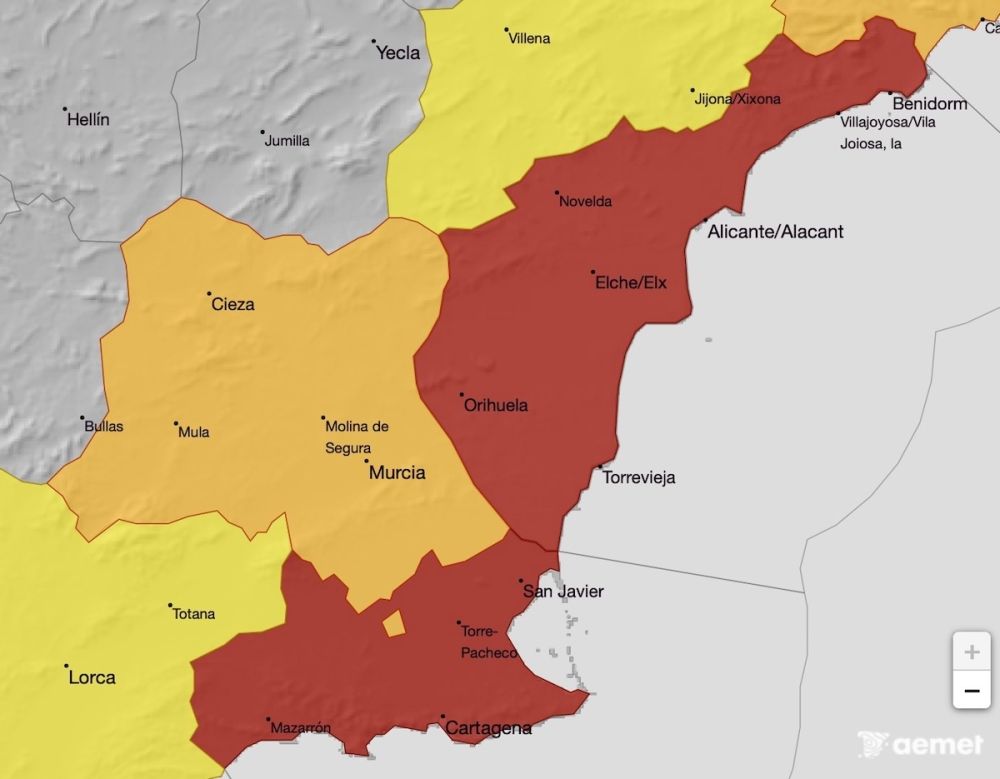 Skolorna h&aring;lls st&auml;ngda p&aring; fredagen i ett flertal kommuner i Alicanteprovinsen och Murcia. Karta: Aemet