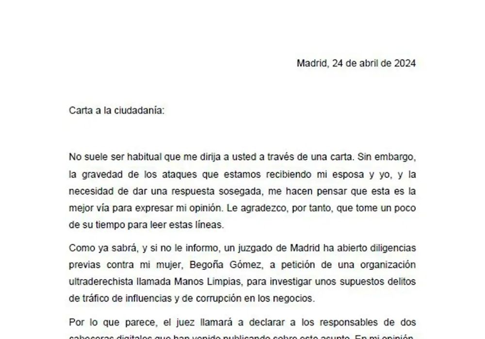 Sydkusten har &ouml;versatt ordagrannt till svenska det uppm&auml;rksammade brevet fr&aring;n Pedro S&aacute;nchez, d&auml;r han varslar om sin eventuella avg&aring;ng.