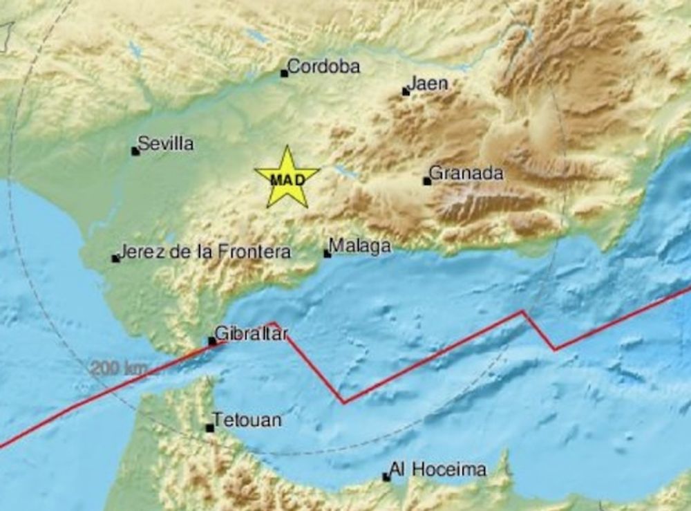 Det senaste skalvet som k&auml;ndes av p&aring; Costa del Sol hade inte sitt epicentrum till havs, utan i Sevillaprovinsen. Karta: EMSC