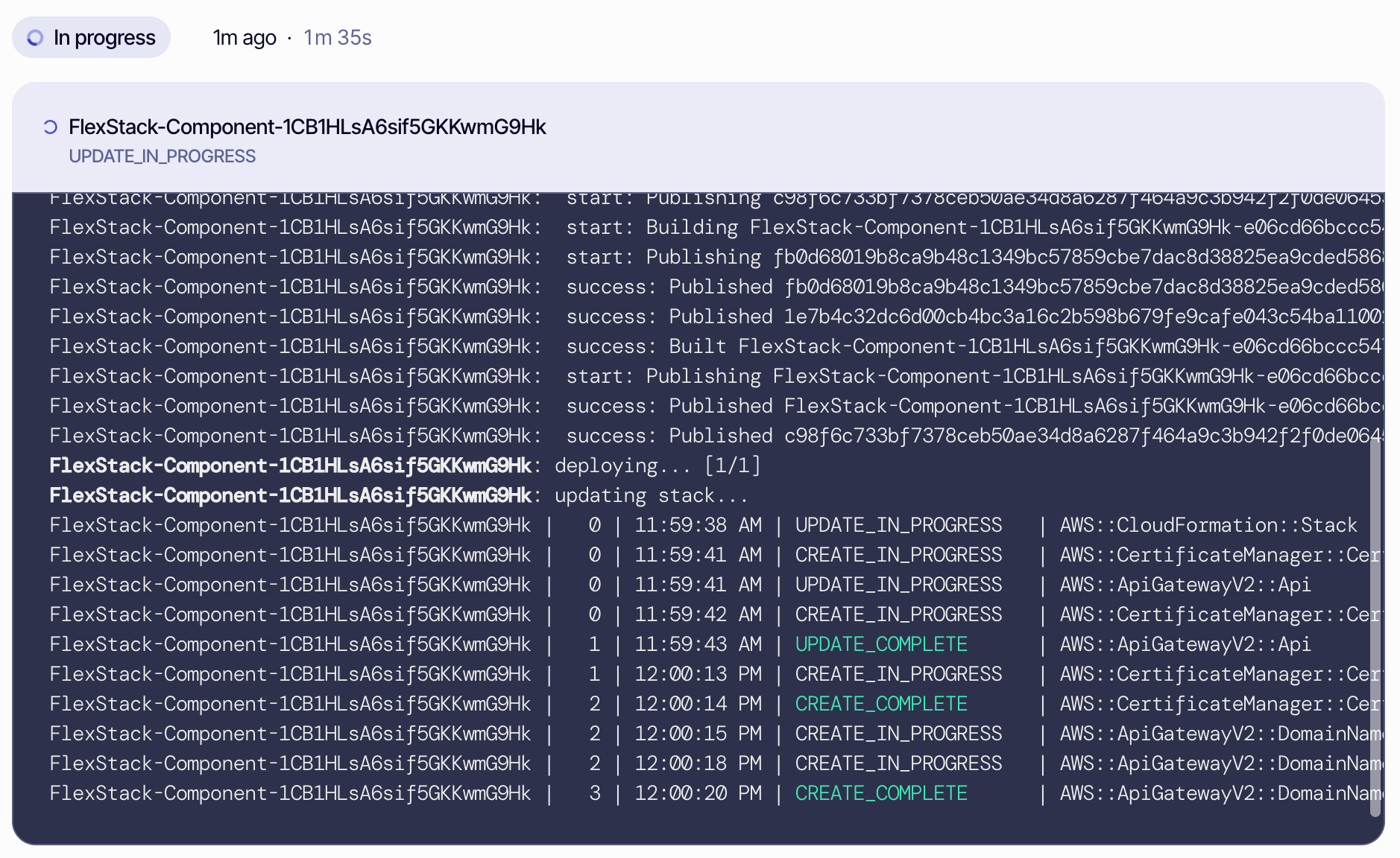 A screenshot of deployment logs