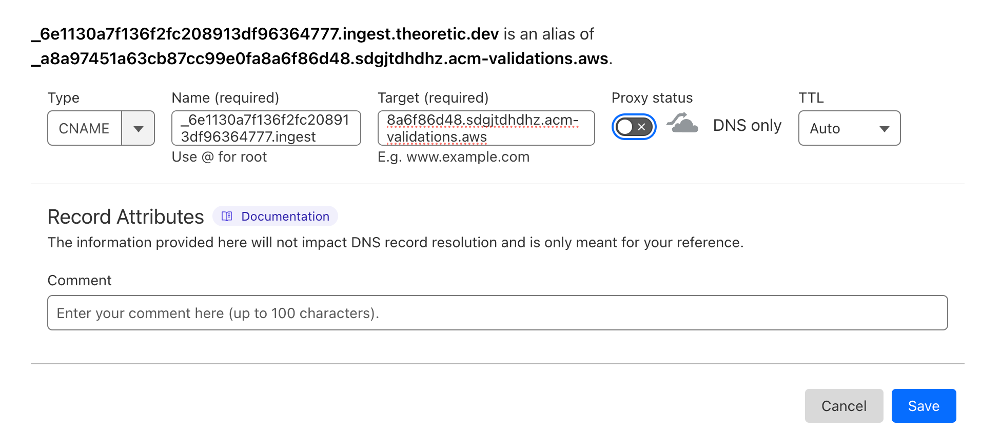 A screenshot of adding a record to the CloudFlare registrar