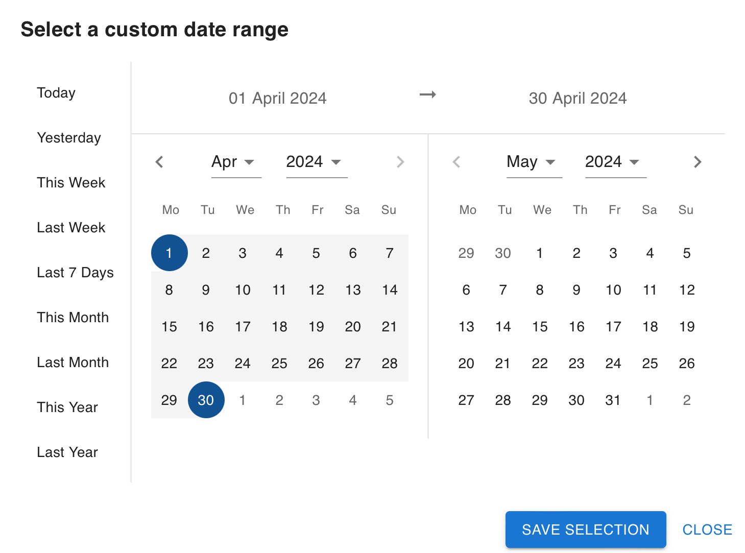 This is the part to choose the dates you want to export in a document.