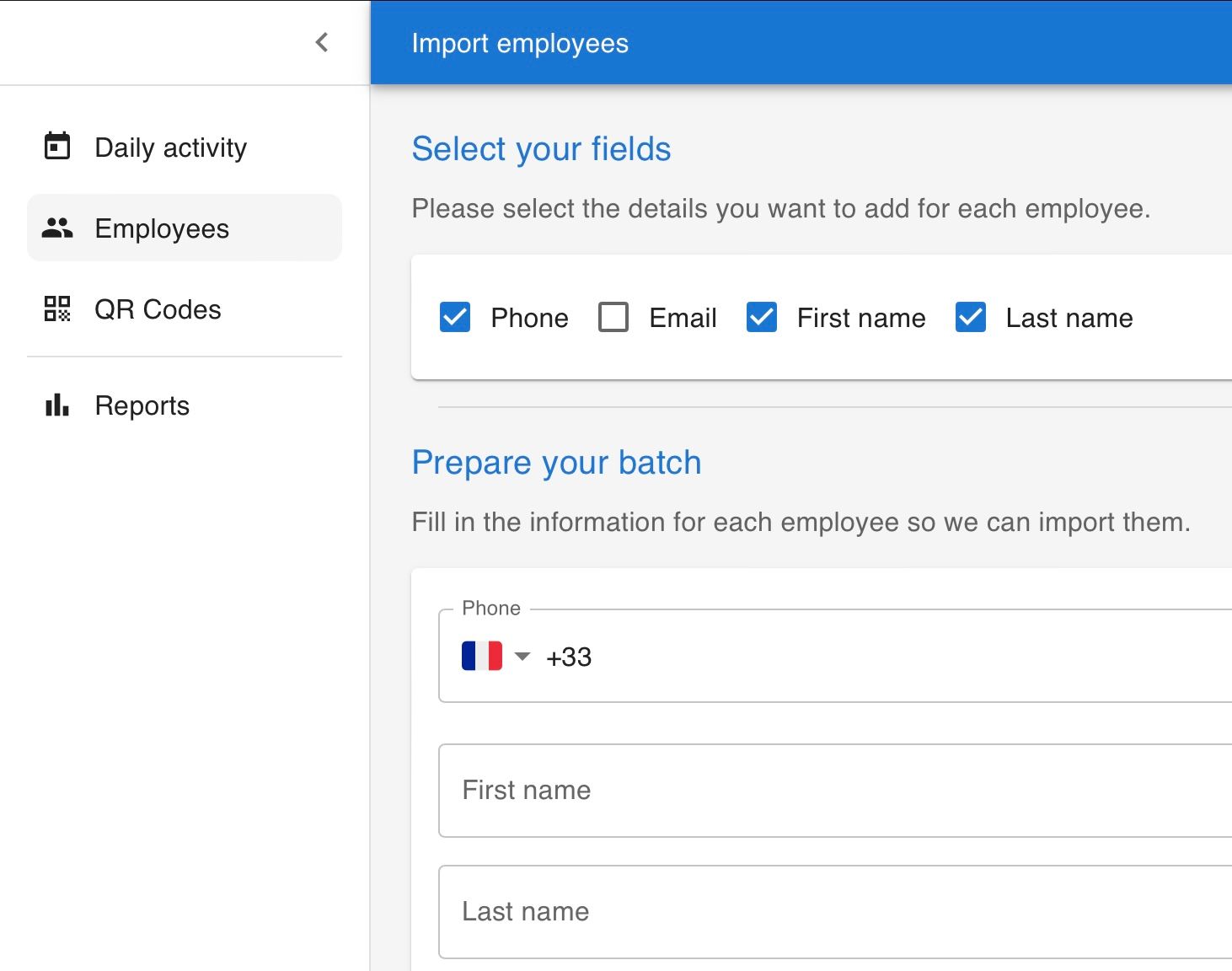 Section of what it looks like when importing an employee.