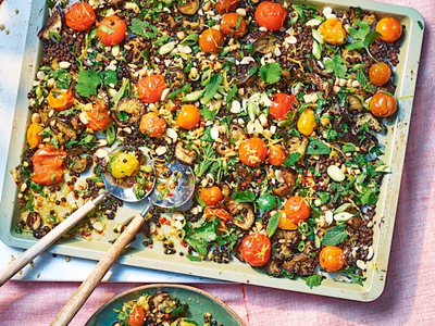 Crispy Lentil Traybake with Aubergine and Herbs