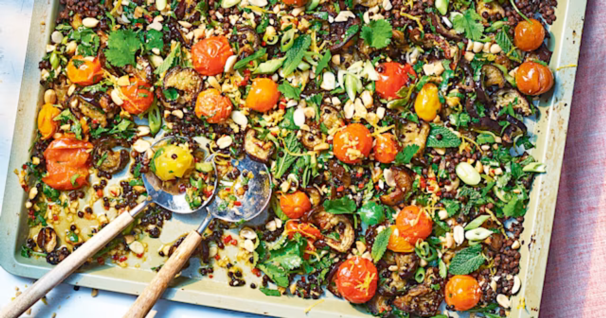 Crispy Lentil Traybake with Aubergine and Herbs