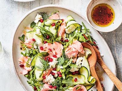 Shaved Courgette Salad with Salmon, Feta and Pomegranate