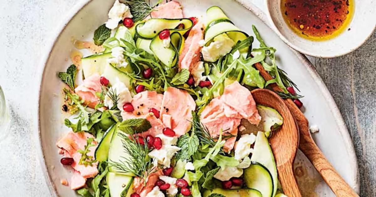 Shaved Courgette Salad with Salmon, Feta and Pomegranate