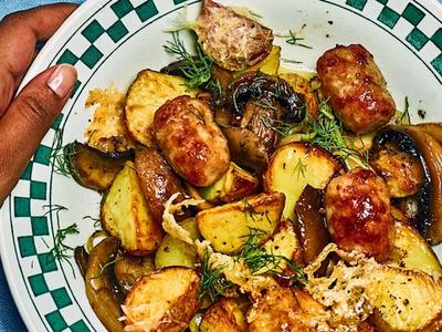 Meatball, Mushroom and Potato Traybake