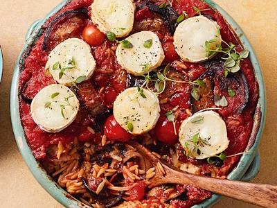 Aubergine and Tomato Orzo with Goat's Cheese