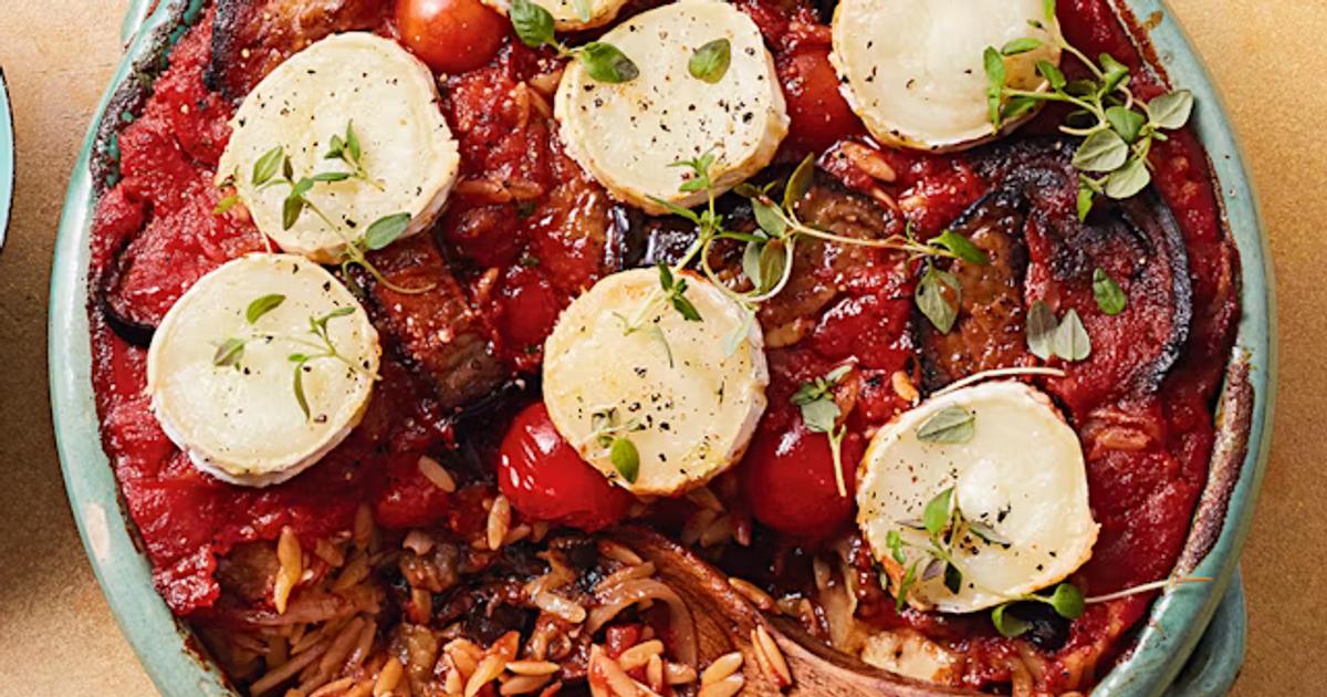Aubergine and Tomato Orzo with Goat's Cheese
