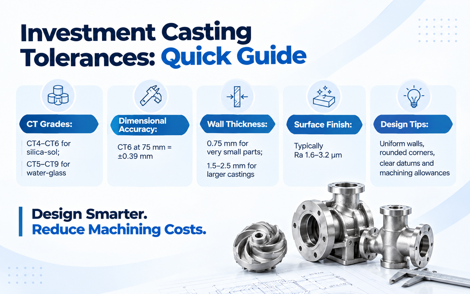 text Investment casting tolerances infographic showing CT grades, dimensional accuracy, surface finish, and design tips.