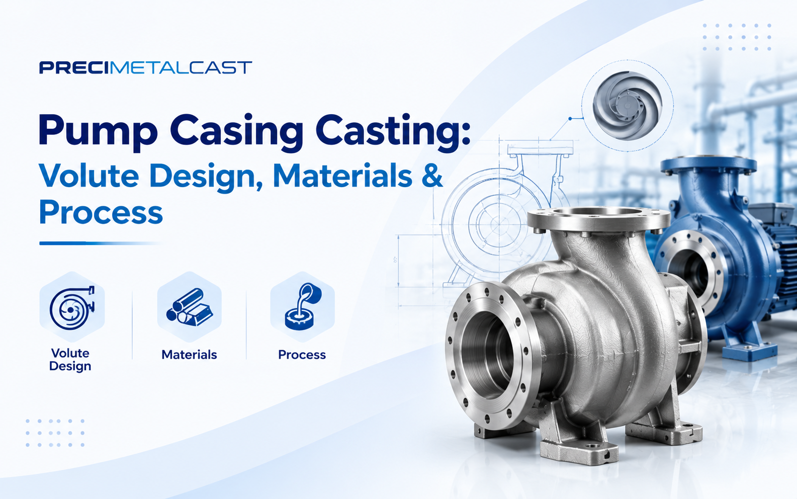 Pump casing material guide comparing cast iron, carbon steel, CF8M, and duplex for different applications.