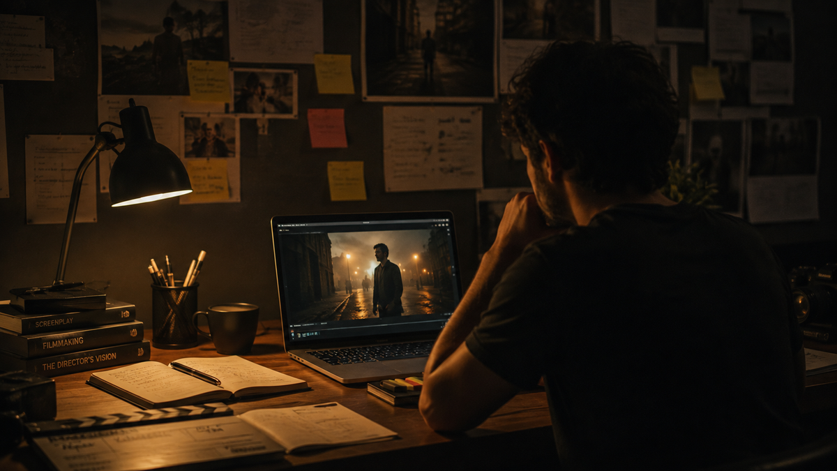 A dramatic cinematic still evoking the visual quality of AI-generated filmmaking in 2026
