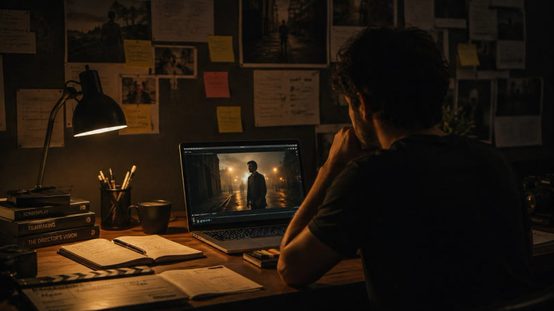 A dramatic cinematic still evoking the visual quality of AI-generated filmmaking in 2026
