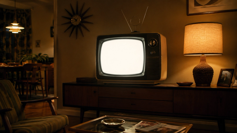 A vintage television set glowing warmly in a dimly lit room, evoking the first episode of a television series
