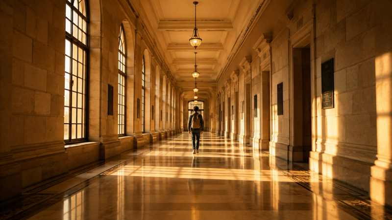 A symmetrical cinematic frame with a single figure centred in a receding corridor, evoking the static shot aesthetic