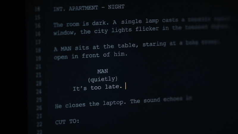 Close-up of a screenplay on screen with a blinking cursor, dark editorial lighting