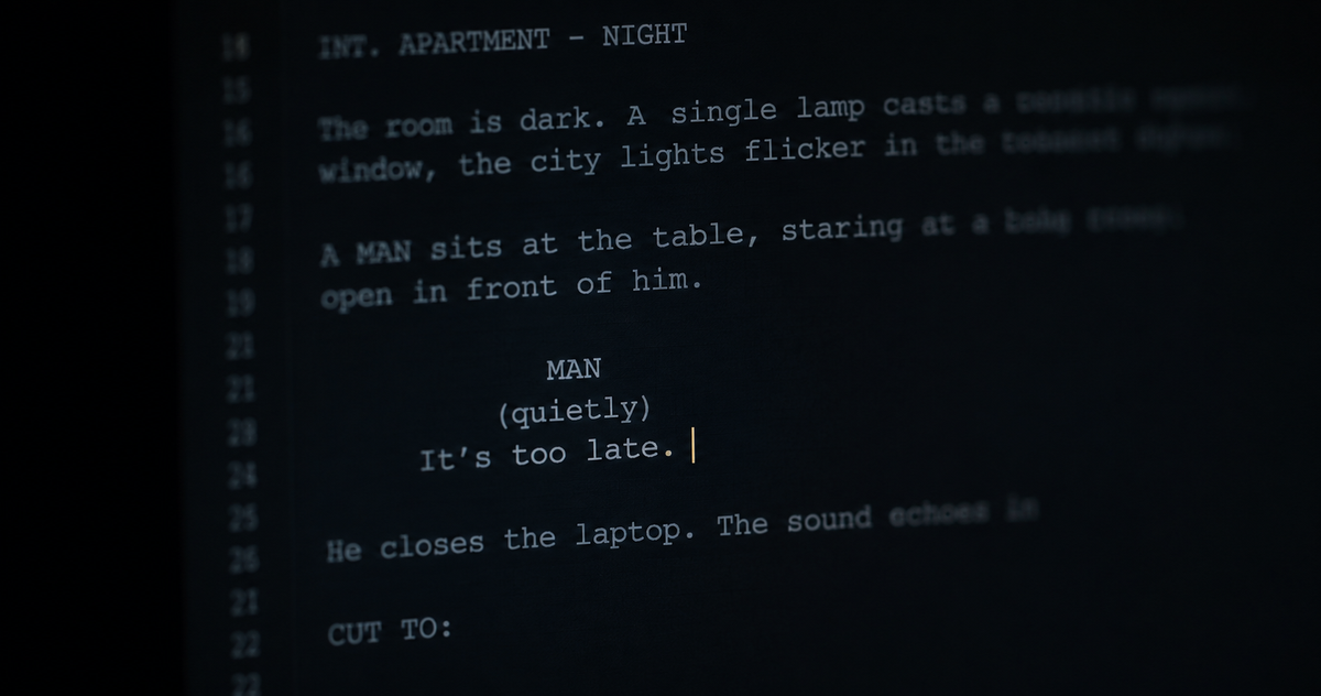 Close-up of a screenplay on screen with a blinking cursor, dark editorial lighting