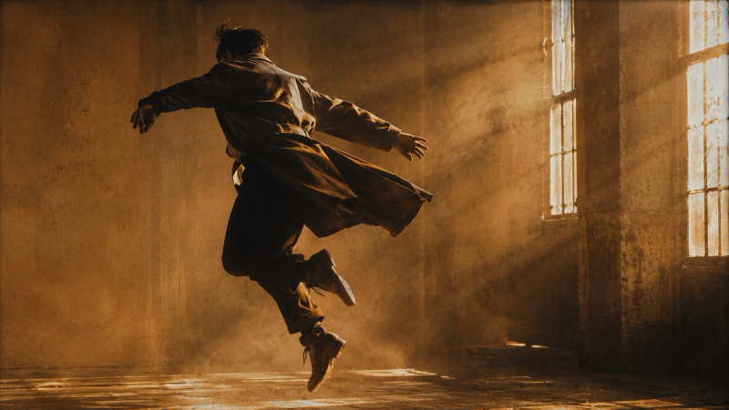 A single cinematic film frame suspended in time with subtle grain texture, evoking the freeze frame technique