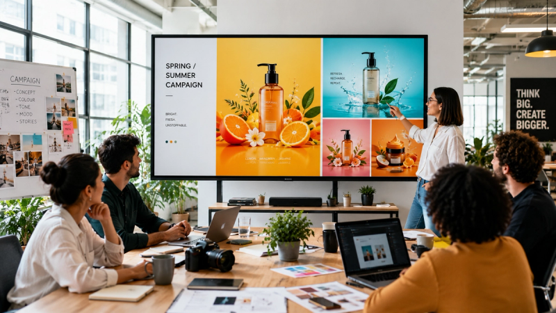 A cinematic product advertisement frame with dramatic lighting and a clean brand aesthetic