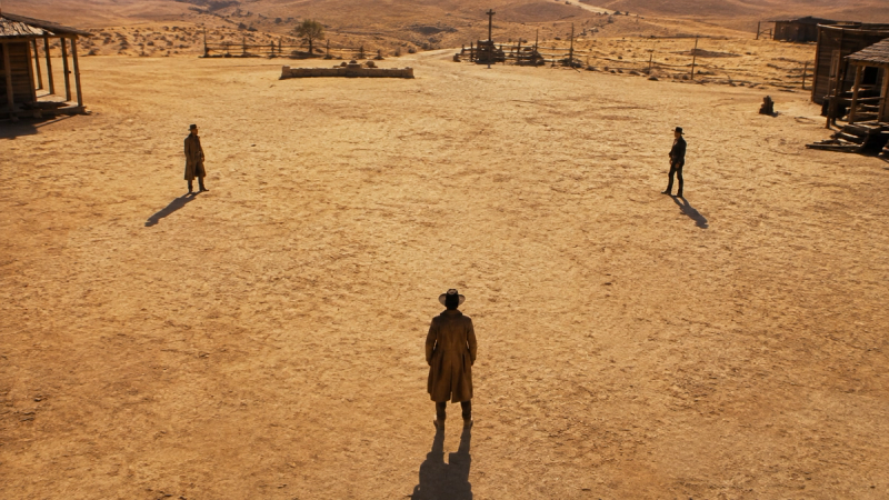 Three figures in a tense standoff, each aiming at the other, dramatic cinematic lighting