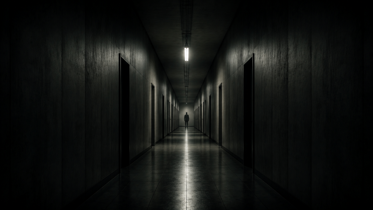 A shadowed cinematic figure lit by a single harsh light source, evoking a classic film villain