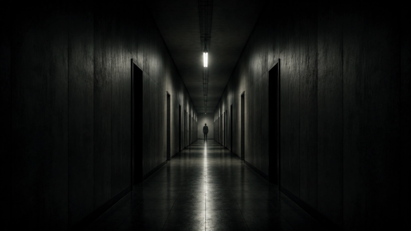 A shadowed cinematic figure lit by a single harsh light source, evoking a classic film villain