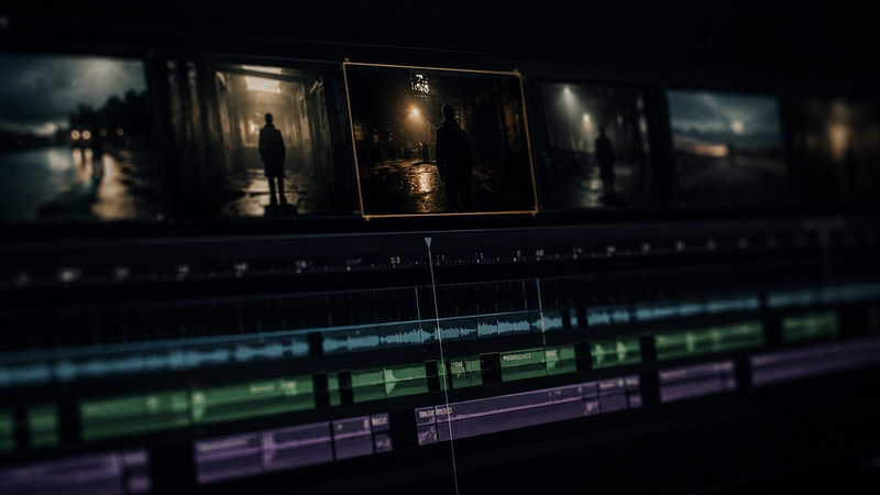 A cinematic film strip against a dark background evoking the technique of montage editing