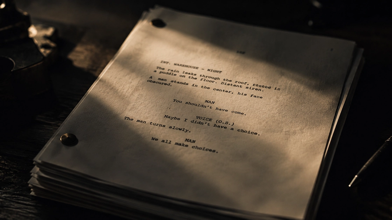 Close-up of screenplay pages in Courier font under dramatic side lighting