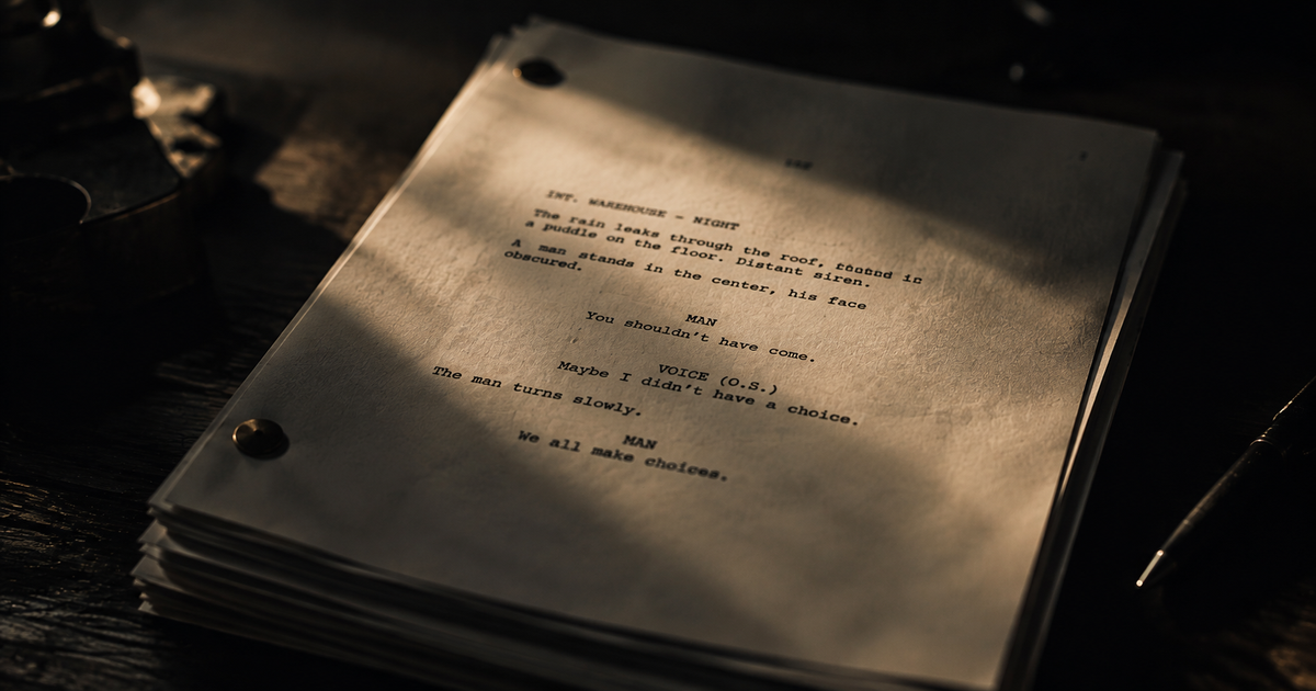 Close-up of screenplay pages in Courier font under dramatic side lighting