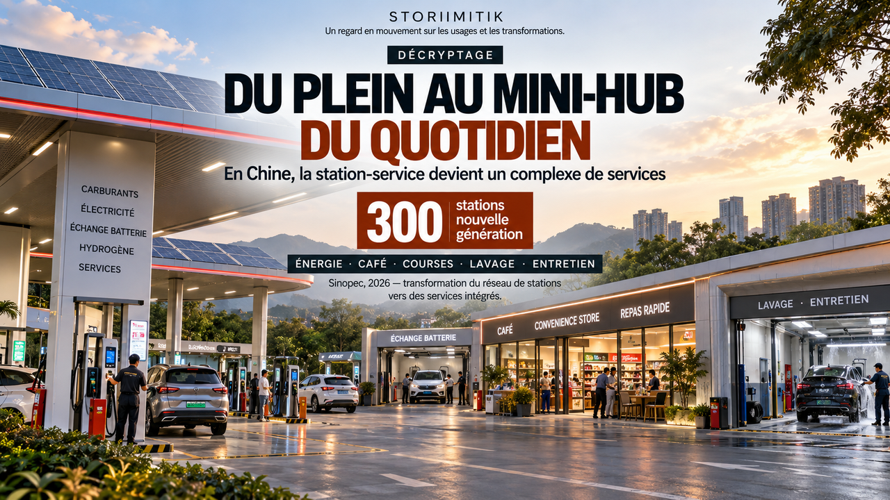 Reconstitution éditoriale d’une station-service chinoise nouvelle génération combinant énergie, commerce et services automobiles.