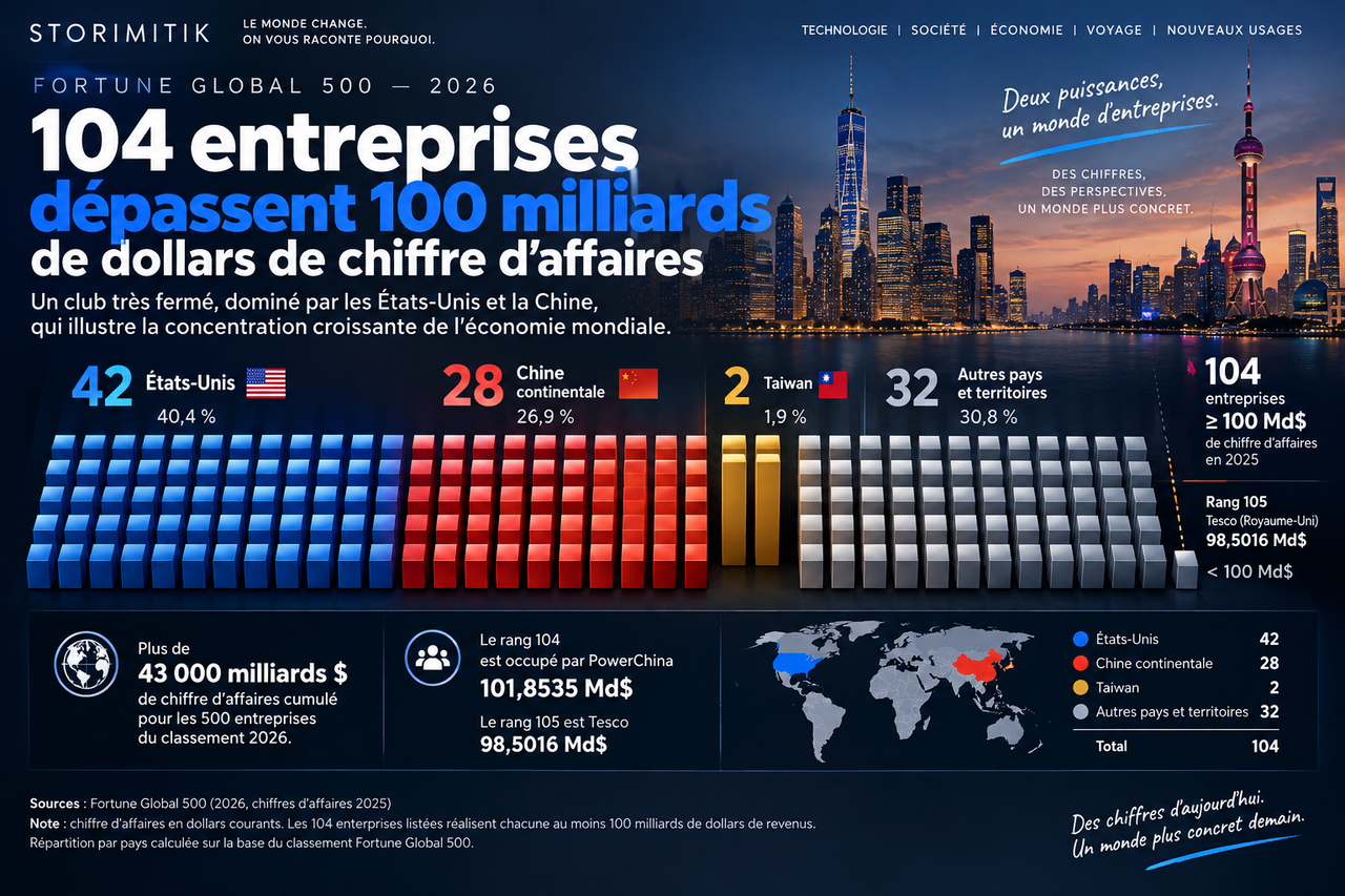 Infographie STORIMITIK sur les 104 entreprises mondiales dépassant 100 milliards de dollars de chiffre d’affaires en 2025.