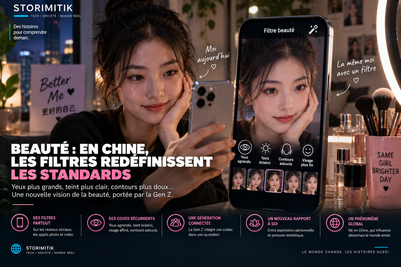 Illustration STORIMITIK montrant l’effet d’un filtre beauté sur un selfie, avec yeux agrandis, teint éclairci et contours du visage adoucis.