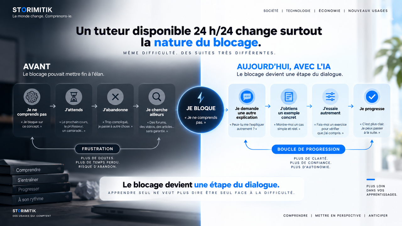 Infographie STORIMITIK montrant comment un blocage peut devenir une boucle de progression grâce à un dialogue avec une IA.