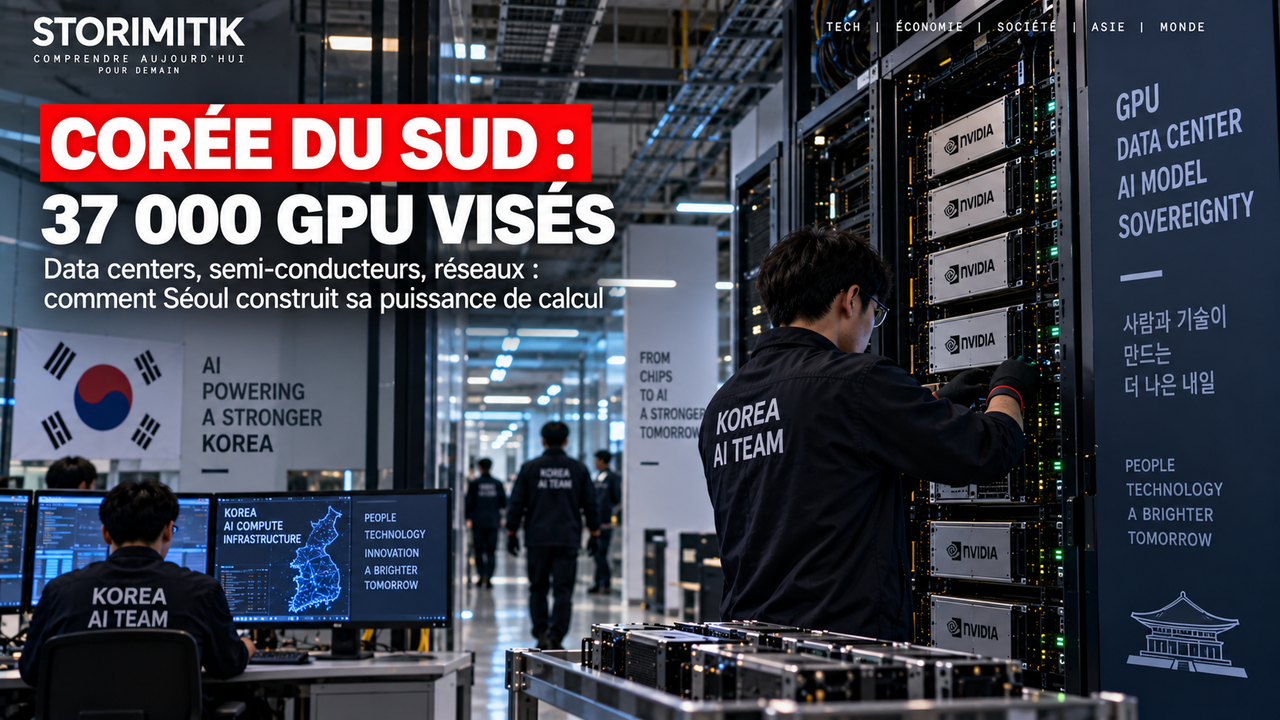 Illustration conceptuelle d’une infrastructure de calcul IA en Corée du Sud avec racks de serveurs et techniciens.