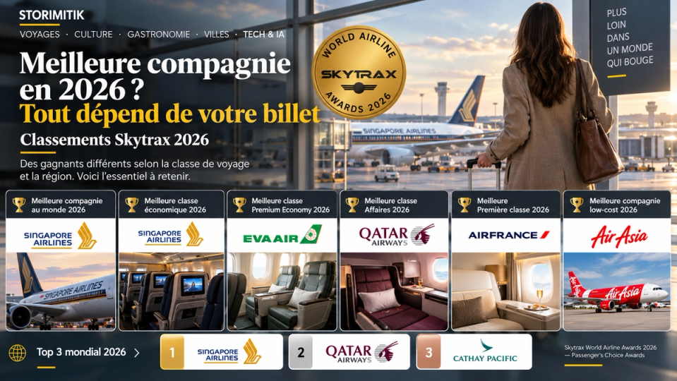 Illustration STORIMITIK synthétisant les principaux gagnants des Skytrax World Airline Awards 2026 avec les logos des compagnies.