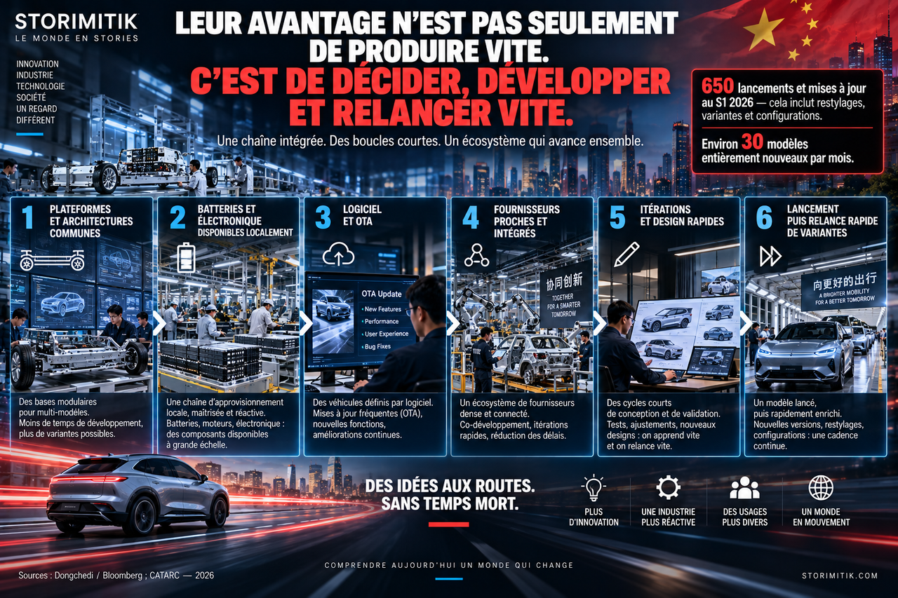Infographie STORIMITIK présentant six mécanismes qui accélèrent le développement et le renouvellement automobile en Chine.