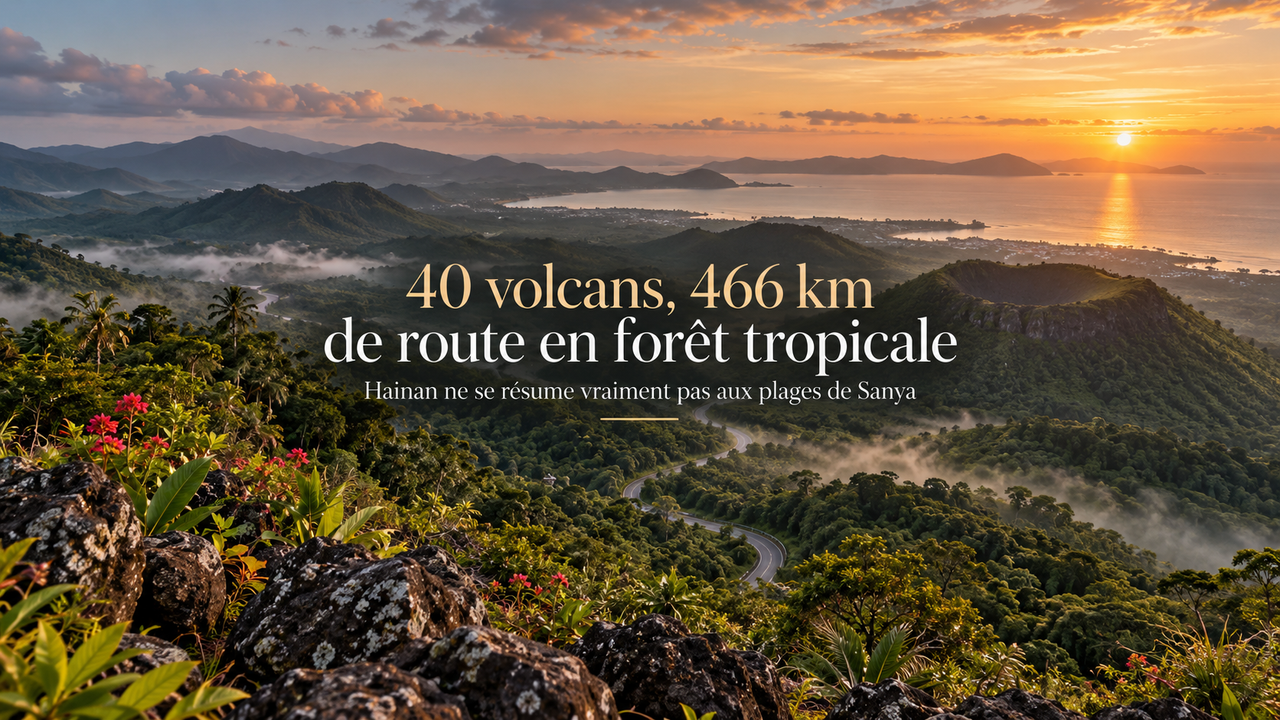 Synthèse éditoriale de Hainan associant relief volcanique, forêt tropicale et route panoramique.