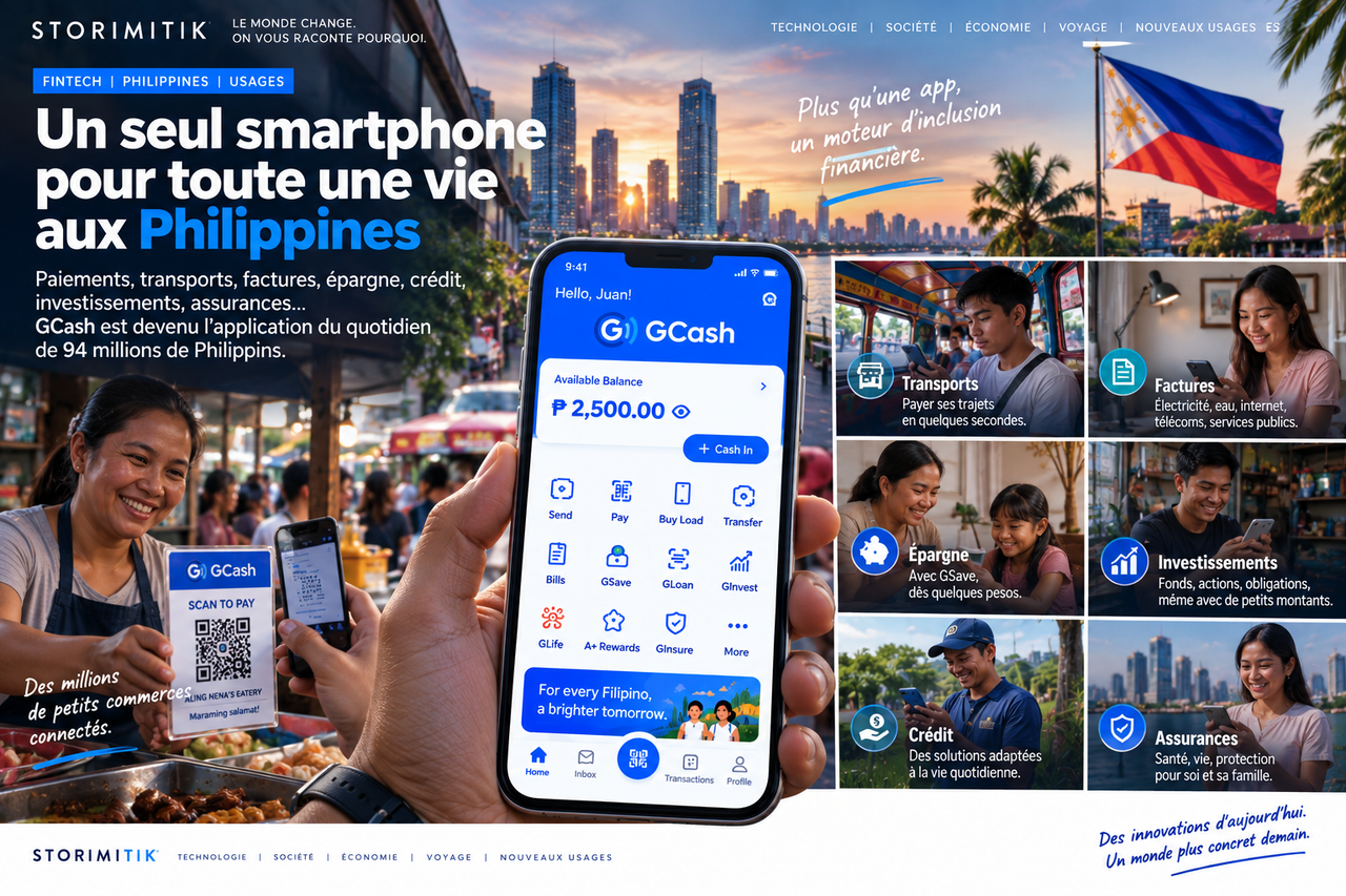 Illustration éditoriale des usages quotidiens de GCash aux Philippines : QR paiement, transport, factures, épargne, crédit, investissement et assurance.