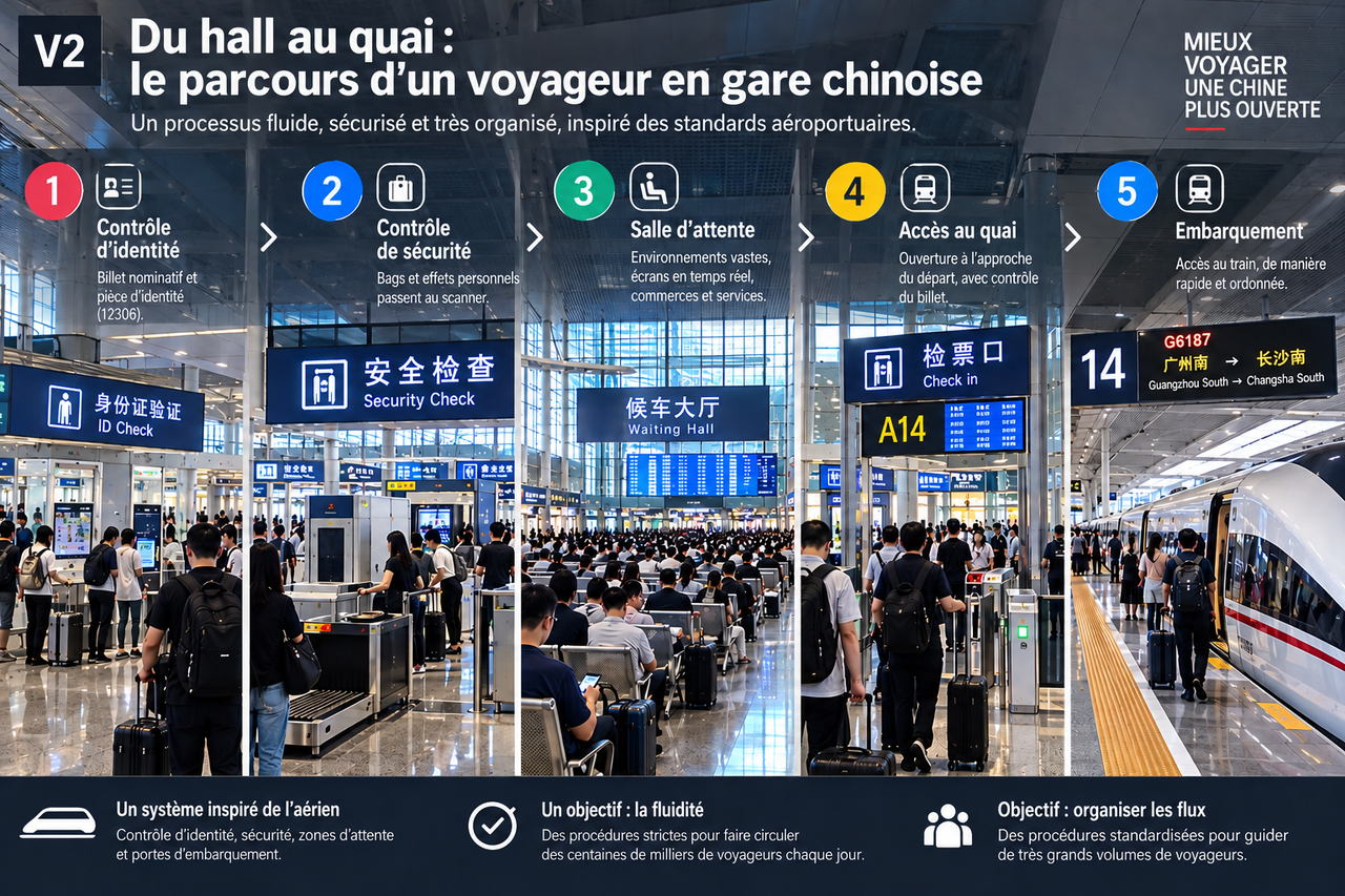 Illustration STORIMITIK du parcours d’un voyageur dans une grande gare chinoise : identité, sécurité, attente, accès au quai puis embarquement.