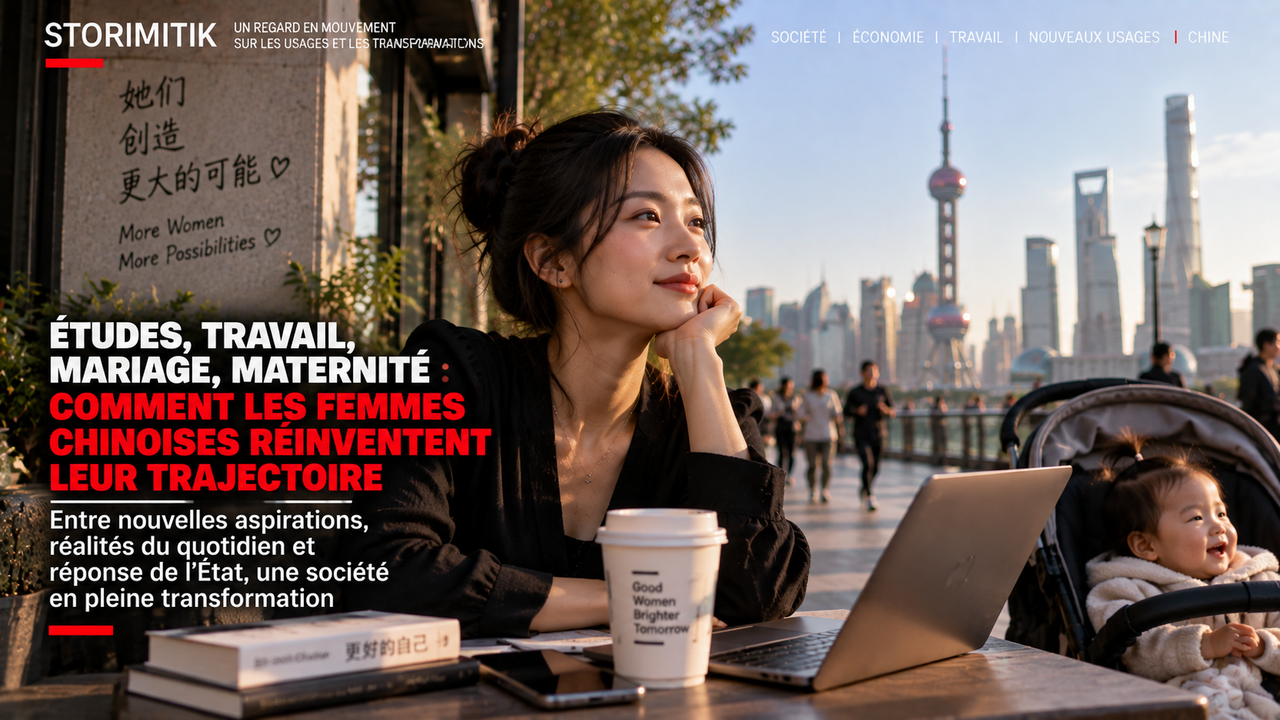 Illustration éditoriale STORIMITIK montrant une femme adulte avec un ordinateur et un jeune enfant dans une promenade urbaine contemporaine inspirée de Shanghai.