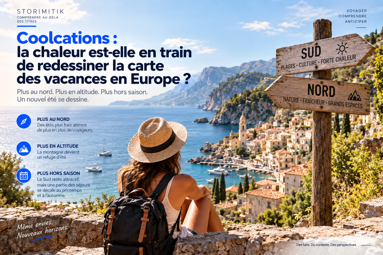 Visuel STORIMITIK de synthèse montrant qu’une même envie de vacances peut désormais conduire vers le Nord, l’altitude ou une autre saison, sans opposer mécaniquement Nord et Sud.