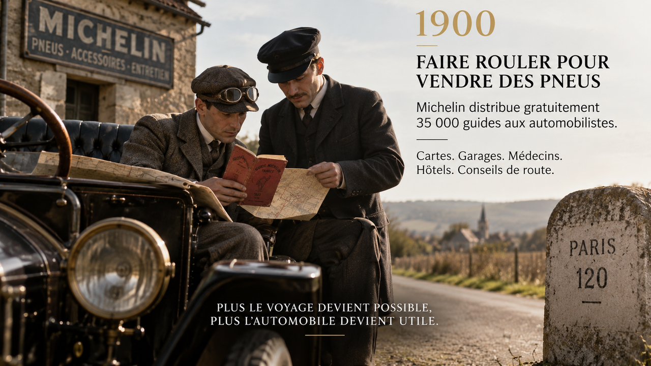 Reconstitution éditoriale STORIMITIK évoquant un automobiliste en 1900 consultant un Guide Michelin et une carte routière au bord de la route.