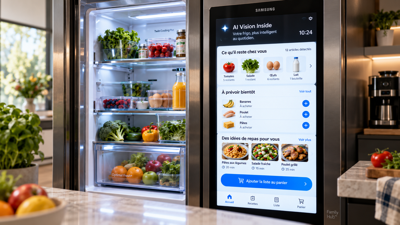 Photographie éditoriale d’un réfrigérateur intelligent Family Hub affichant un inventaire, des produits à prévoir et des idées de repas.