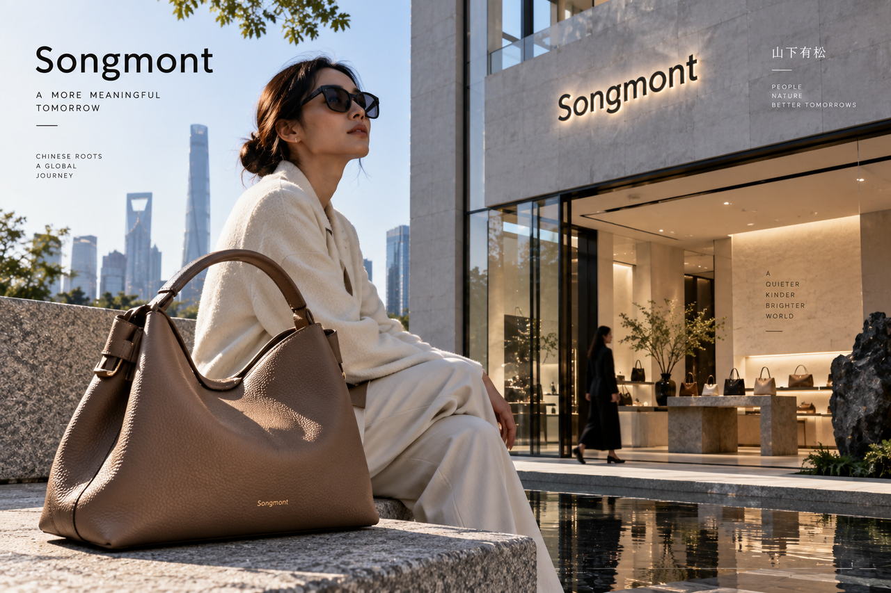 Composition éditoriale STORIMITIK inspirée de Songmont, avec maroquinerie premium et architecture contemporaine.