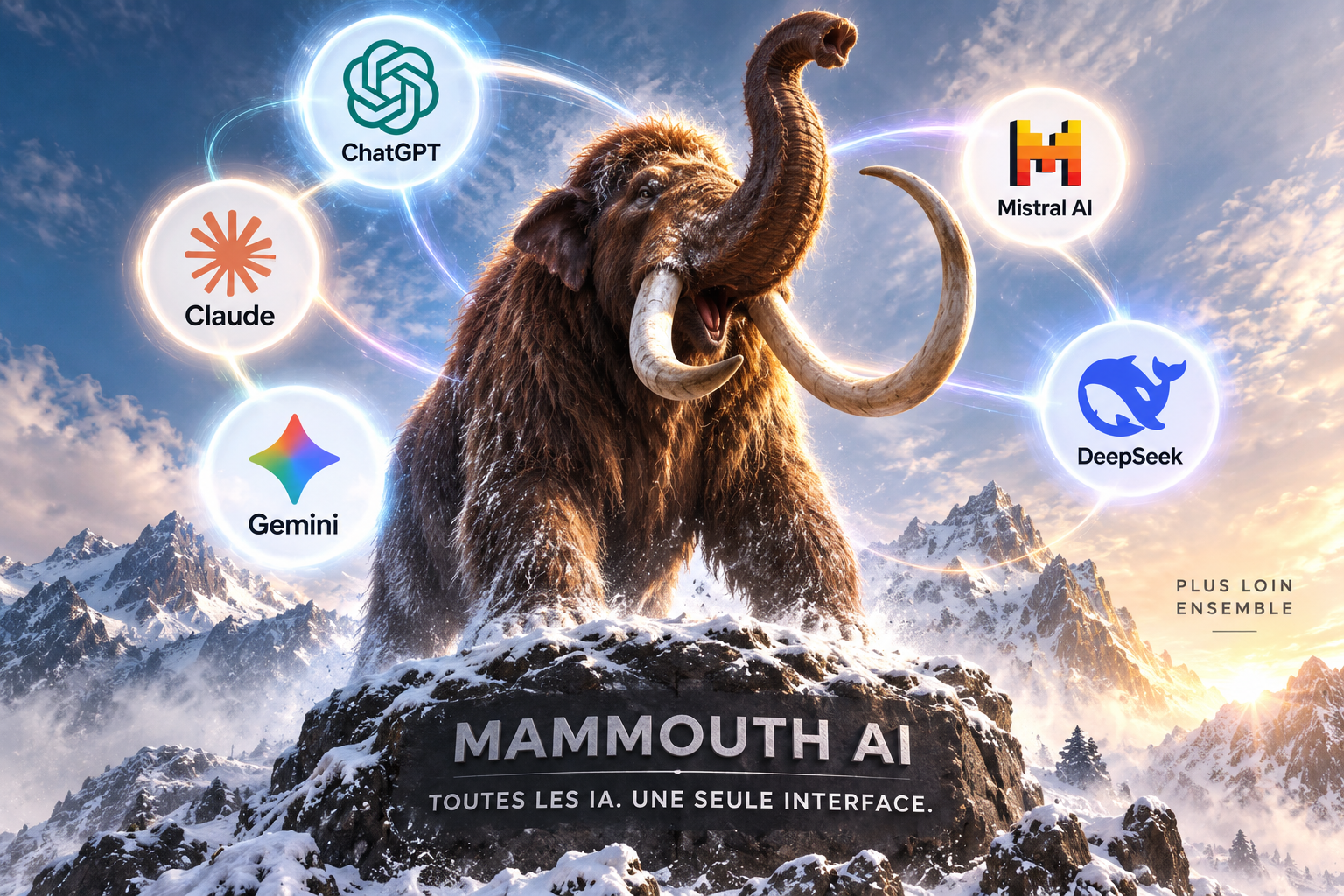 Illustration conceptuelle d’un mammouth entouré des principales familles d’intelligence artificielle accessibles via Mammouth AI.